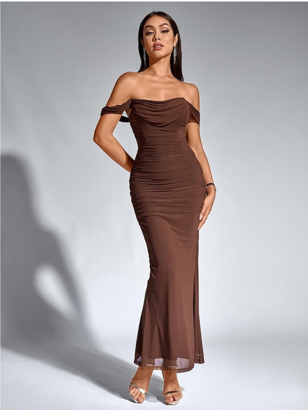 Off-Shoulder Brown Ruched Evening Dress